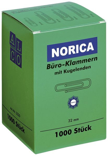 NORICA Büroklammern mit Kugelenden - 32 mm glatt, verzinkt, VE: 1.000 Stück, 2220