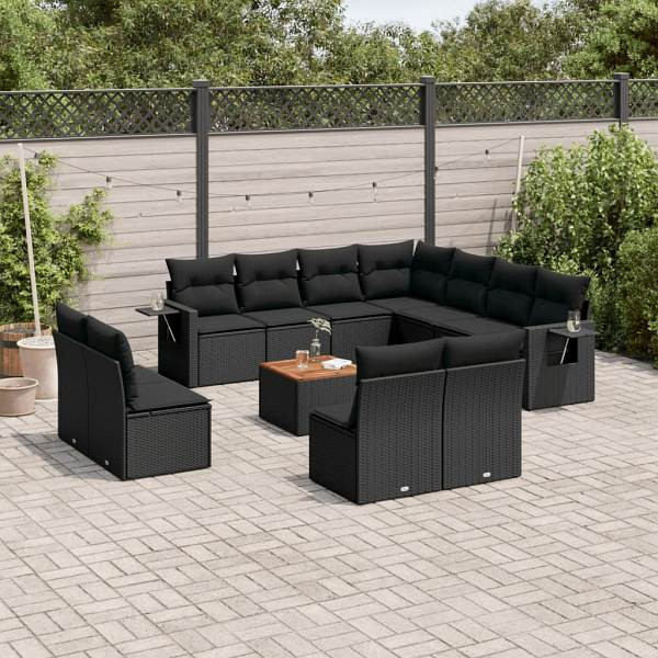 vidaXL 12-tlg. Garten-Sofagarnitur mit Kissen Schwarz Poly Rattan, UV-beständig, 3224620