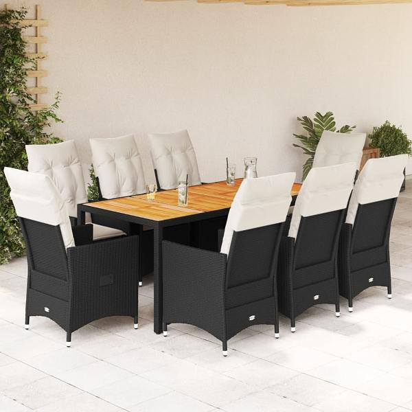 vidaXL 9-tlg. Garten-Essgruppe mit Kissen Schwarz Poly Rattan, UV-beständig, 3276686