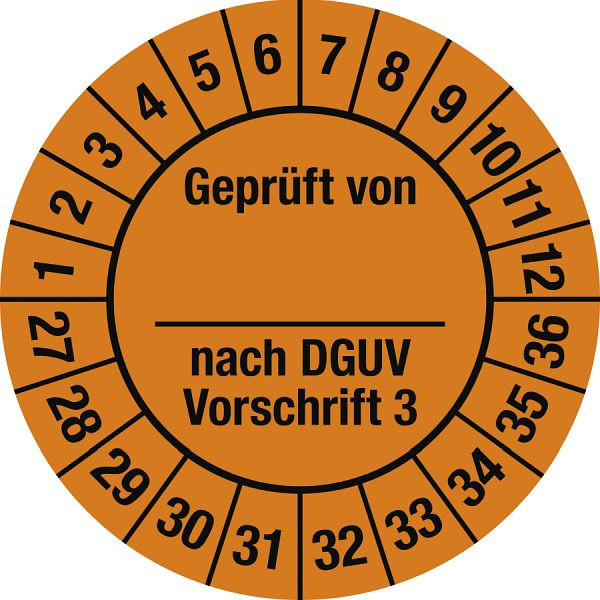 Moedel Prüfplakette Geprüft...DGUV Vorschrift 3, 2027-2036, Folie, Ø 25 mm, VE: 10 Stück/Bogen, 108283
