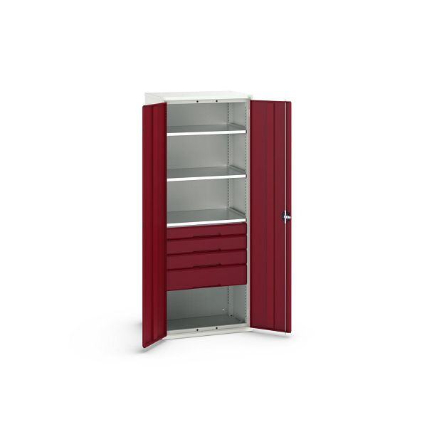 bott verso Flügeltürschrank mit Schubladen, mit 3 Fachböden und 4 Schubladen, BxTxH: 800 x 550 x 2000 mm, Lichtgrau / Purpurrot, 16926457.24