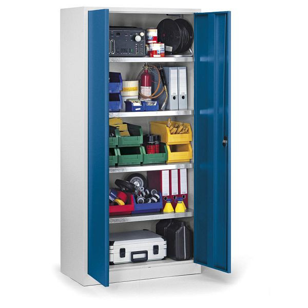 Deskin Materialschrank aus Stahl - Tiefe 500 mm, Korpus Lichtgrau RAL7035, Türen Enzianblau RAL5010, B 920 x H 1950 x T 500 mm, 284583