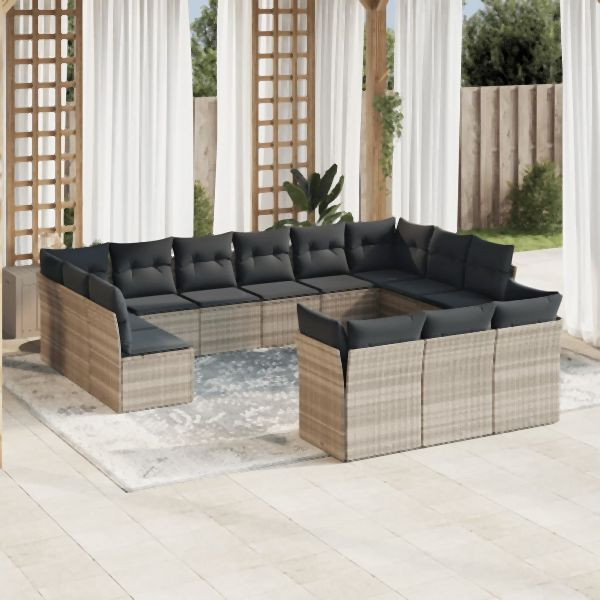 vidaXL 13-tlg. Garten-Sofagarnitur mit Kissen Hellgrau Poly Rattan, 3250291