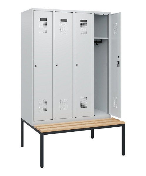 C+P Spind Evolo PLUS, 4 Abteile, 1950x1200x815mm, 7035/7035, Zylinderschloss, Sitzfläche Buche-Hartholz, Sitzbank, 0490505-40 S10040