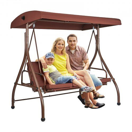 VEVOR 3-Sitzer-Terrassenschaukelstuhl, mit verstellbarem Baldachin, abnehmbarem Kissen und Rahmen aus legiertem Stahl, Braun, TJQQ72INX47IZ385GV0