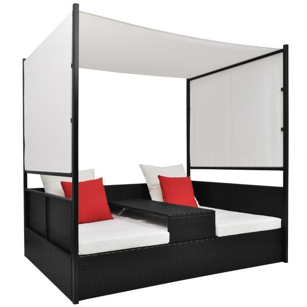vidaXL Gartenbett mit Baldachin Schwarz 190x130 cm Poly Rattan, 42901