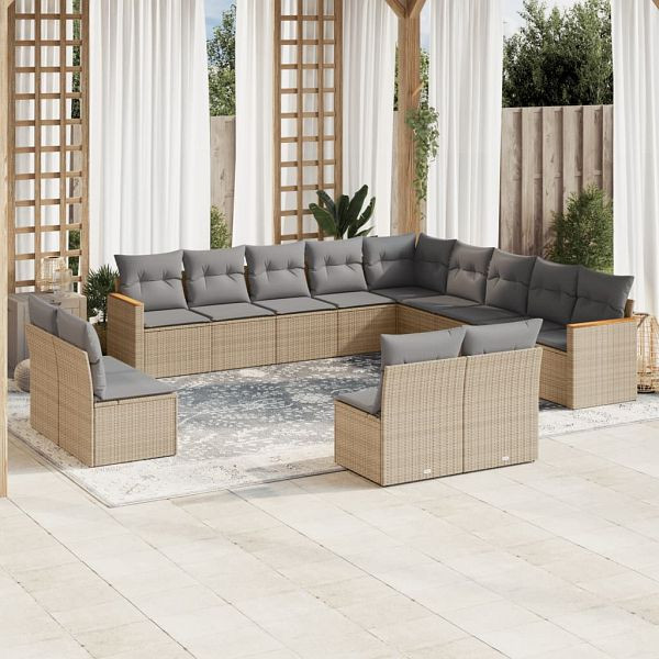 vidaXL 13-teilig Garten-Sofagarnitur mit Kissen Beige Poly Rattan, 3226486