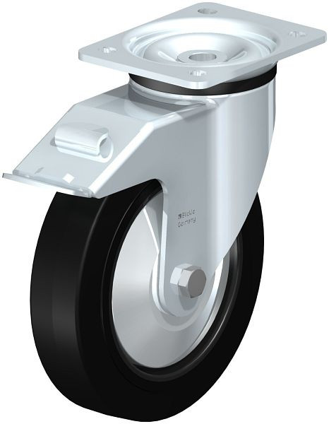 Blickle LK-POEV 200K-FI-FA Stahlblech-Lenkrolle, schwere Ausführung, mit Anschraubplatte & Feststeller, Elastik-Vollgummi, Schwarz, 750380