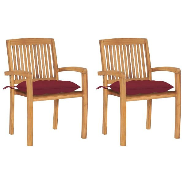 vidaXL Gartenstühle 2 Stück mit Weinroten Kissen Massivholz Teak, 3063276