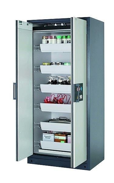 asecos Sicherheitsschrank Q-CLASSIC-90, Q90.195.090 in lichtgrau RAL 7035 mit 6x Auszugswanne Standard (Stahlblech), 30041-041-30055