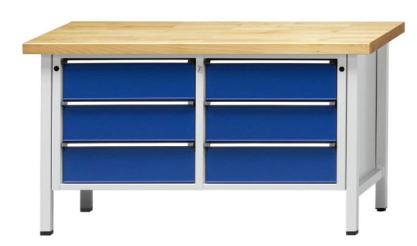 ANKE Werkbänke Kastenwerkbank; 1500x700x900 mm; RAL 7035/5010; Buche-Massiv-Platte 50 mm; Links 3 Schubladen 180 mm; Rechts 3 Schubladen 180 mm, 300.383