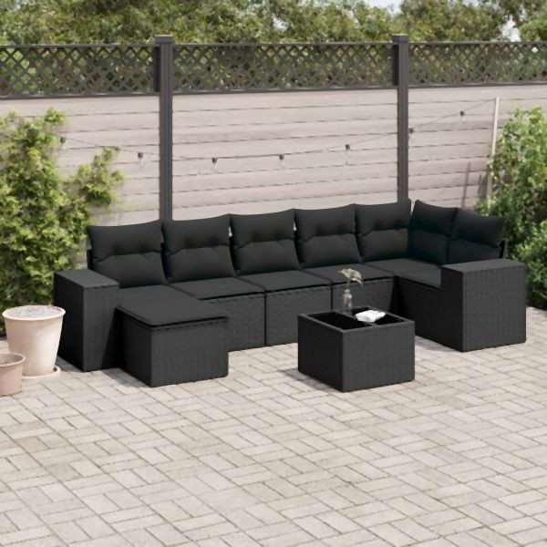 vidaXL 8-tlg. Garten-Sofagarnitur mit Kissen Schwarz Poly Rattan, 3222884