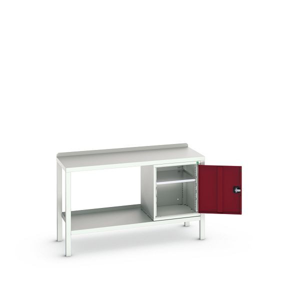 bott verso Beistelltisch, mit Unterbauschrank und Stahl-Platte, BxTxH: 1500 x 600 x 910 mm, Lichtgrau / Purpurrot, 16922606.24