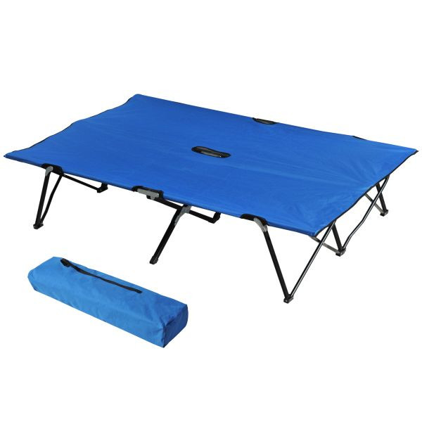 Outsunny Campingbett Klappbar für 2 Personen Feldbett Klappbett mit Tragetasche bis 136 kg belastbar Stahl Oxford Blau+Schwarz 193 x 125 x 40 cm, A20-030BU