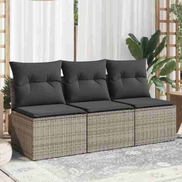vidaXL Gartensofa mit Kissen 3-Sitzer Grau Poly Rattan, UV-beständig, 366139