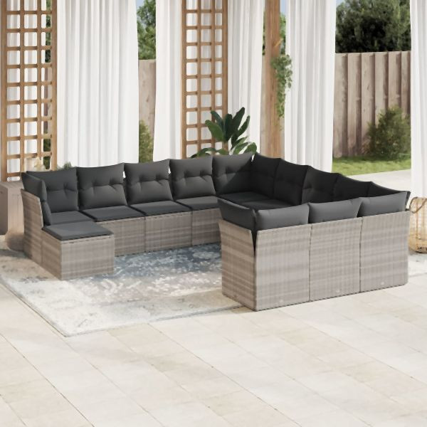 vidaXL 12-tlg. Garten-Sofagarnitur mit Kissen Hellgrau Poly Rattan, 3250471