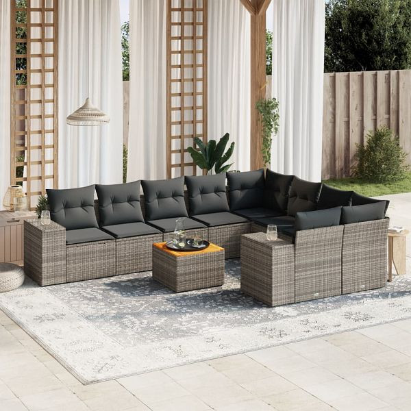 vidaXL 10-teilig Garten-Sofagarnitur mit Kissen Grau Poly Rattan, 3257936