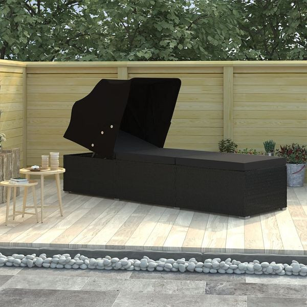 vidaXL Sonnenliege mit Sonnenschutz und Auflage Poly Rattan Schwarz, 46249