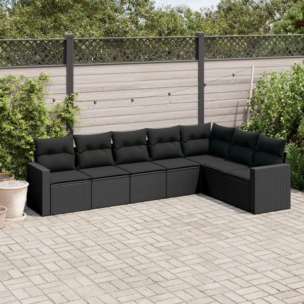 vidaXL 7-teilig Garten-Sofagarnitur mit Kissen Schwarz Poly Rattan, 3251382