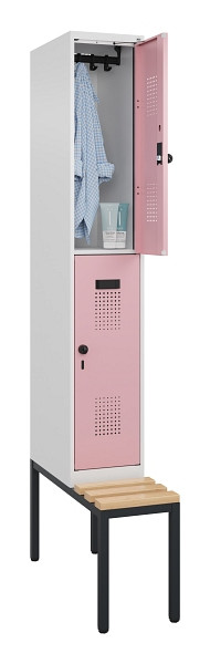C+P Doppelstock-Spind Evolo PLUS, Bank, 2 Fächer, 2120x300x815mm, 9016/3015, Drehriegel, Sitzfläche Buche-Hartholz, Sitzbank, 0493507-10 S10018