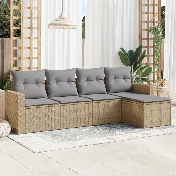 vidaXL 5-teilig Garten-Sofagarnitur mit Kissen Beige Poly Rattan, 3218879