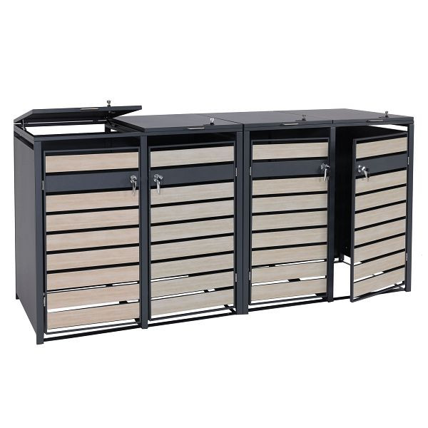 Mendler 4er Mülltonnenverkleidung HWC-J81, Mülltonnenbox, erweiterbar, Metall 100kg, anthrazit, Buche-Holzoptik hellbraun, 2x83351+2x83352
