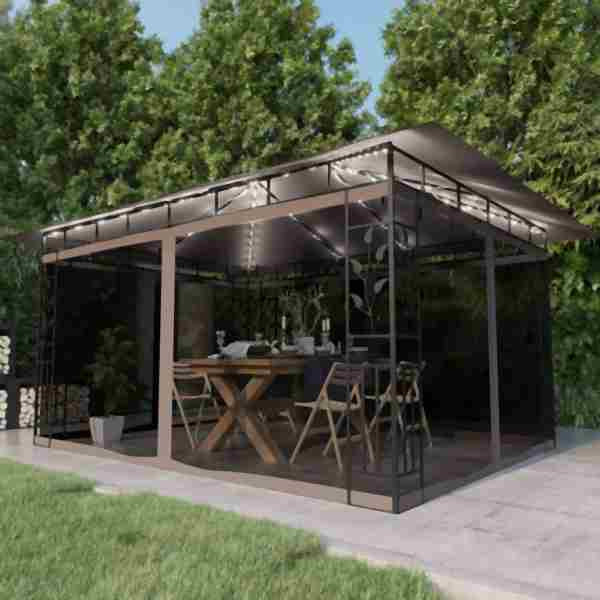 vidaXL Pavillon mit Moskitonetz & LED-Lichterkette 4x3x2,73 m Taupe, 3070319