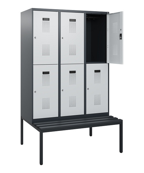C+P Doppelstöckiger Spind Evolo PLUS, Bank, 6 Fächer, 1950x1200x815mm, 7016/7035, Zylinderschloss, Sitzfläche Kunststoff, Sitzbank, 0493505-32 S10152