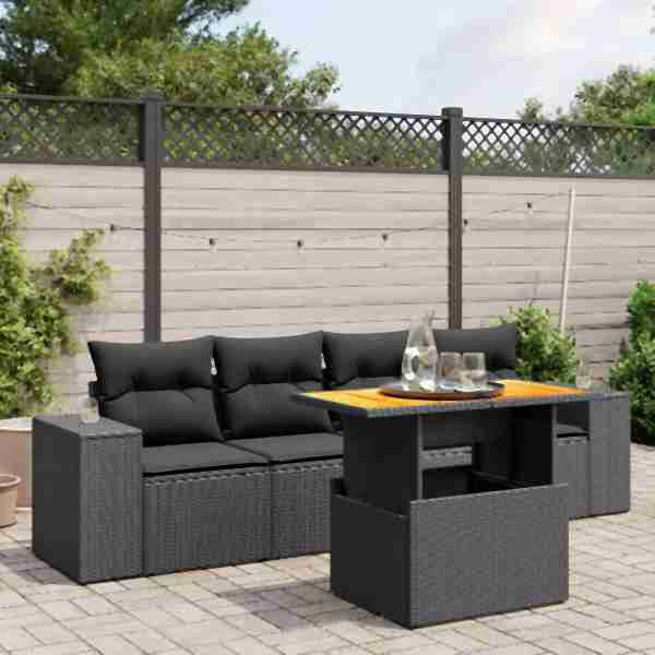 vidaXL 5-tlg. Garten-Sofagarnitur mit Kissen Schwarz Poly Rattan, UV-beständig, 3272511