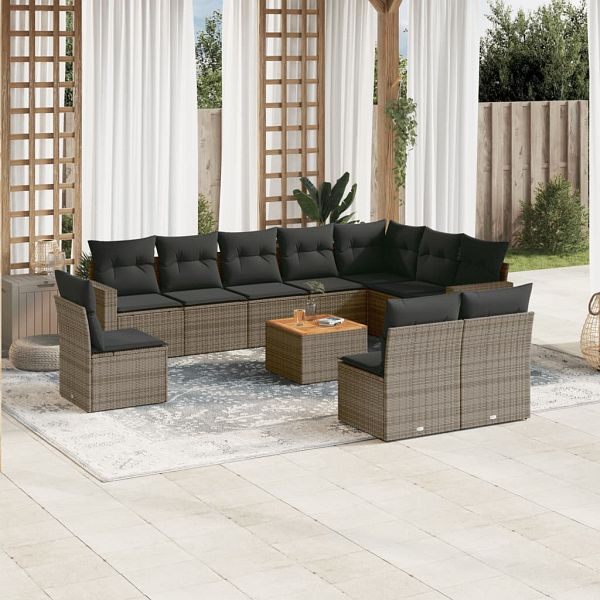 vidaXL 11-teilig Garten-Sofagarnitur mit Kissen Grau Poly Rattan, 3224177