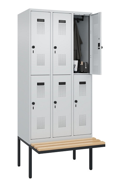 C+P Doppelstock-Spind Evolo PLUS, Bank, 6 Fächer, 2120x900x815mm, 7035/7035, Drehriegel, Sitzfläche Buche-Hartholz, 0493407-30 S10013