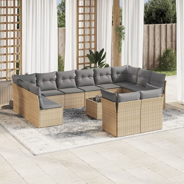 vidaXL 13-teilig Garten-Sofagarnitur mit Kissen Beige Poly Rattan, 3218439