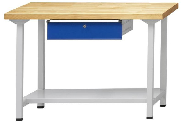 ANKE Werkbänke Arbeitstisch; 1270x700x890 mm; RAL 7035/5010; Buche-Massiv-Platte 40 mm; 1xHängeschublade; 1xAblageboden aus Stahlblech 500 mm tief, 400.149
