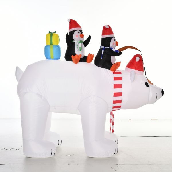 HOMCOM Aufblasbare Pinguine auf Eisbär 2,1 m, mit Lichtern, wetterfest Polyester 227 x 113 x 206 cm, 844-421V90