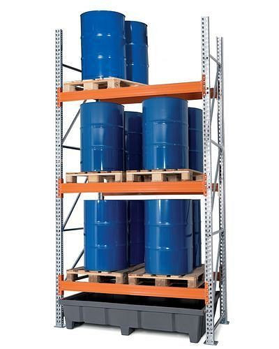DENIOS Palettenregal PRP 18.37 für 6 Euro- oder 3 Chemiepaletten, 3 Ebenen, Grundfeld, 266317