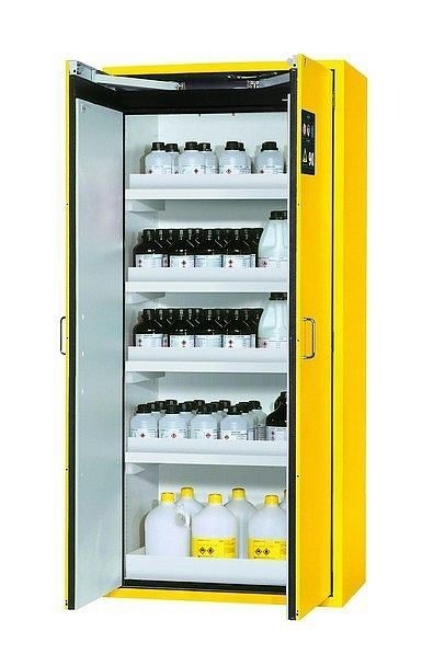 asecos Sicherheitsschrank S-CLASSIC-90, S90.196.090 in sicherheitsgelb RAL 1004 mit 4x Wannenboden Standard (Polypropylen), 30204-002-30217