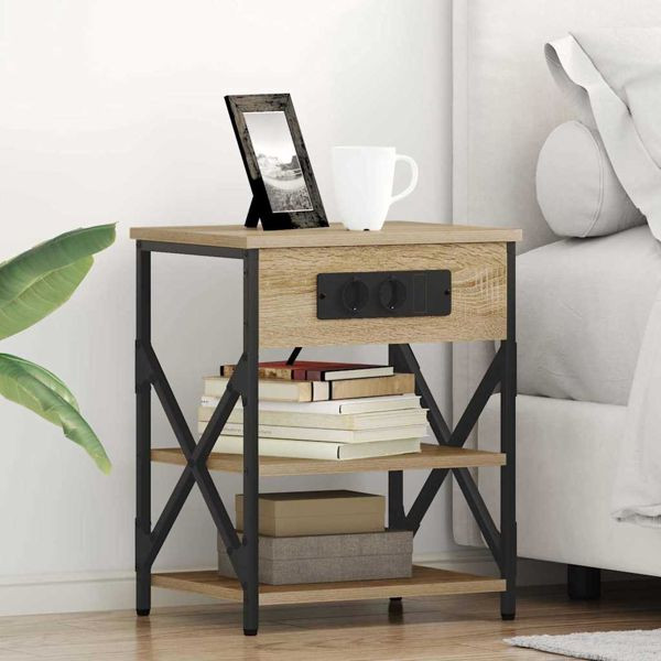 vidaXL Nachttisch mit Ladestation mit Regal Sonoma-Eiche Holzwerkstoff, 859518