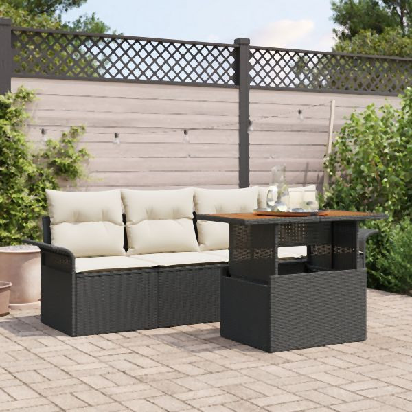 vidaXL 5-teiliges Garten-Sofaset mit Kissen in Schwarz aus Poly-Rattan, 3349263