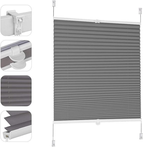 Sekey Plissee ohne Bohren Verdunkelung, Fenster Klemmfix Jalousie, Verspannt Blickdicht Sonnenschutz, 130 x 100 cm, Grau, BL-1259