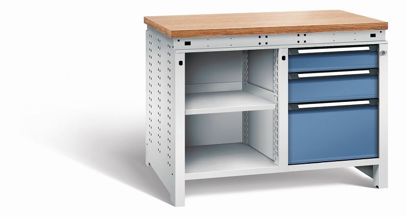 Otto Kind Werkbank Serie function Typ 212, Multiplexplatte, bündig, 2x Unterbau, 1x Zentralverschluss, Gehäuse RAL 7035, Front RAL 5023, 072342164