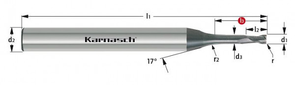 Karnasch VHM-Micro Schaftfräser mit Eckenradius d= 2,00 / r= 0,50 / d2= 4 / L3= 24,0 mm DCC 0318 - Graphit/Zirkonium, 3065450200050240