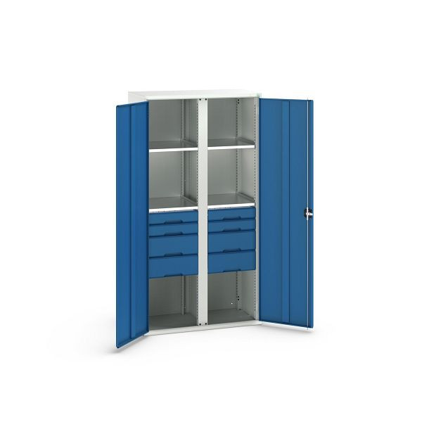 bott verso Flügeltürschrank mit Schubladen, mit 4 Fachböden und 8 Schubladen, BxTxH: 1050 x550 x 2000 mm, Lichtgrau / Enzianblau, 16926583.11