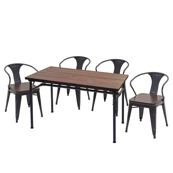 Mendler Esszimmer-Set HWC-H10, 4x Esszimmerstuhl Esszimmertisch, Ulme Holz FSC Industrial Gastronomie, braun, 72467+72486