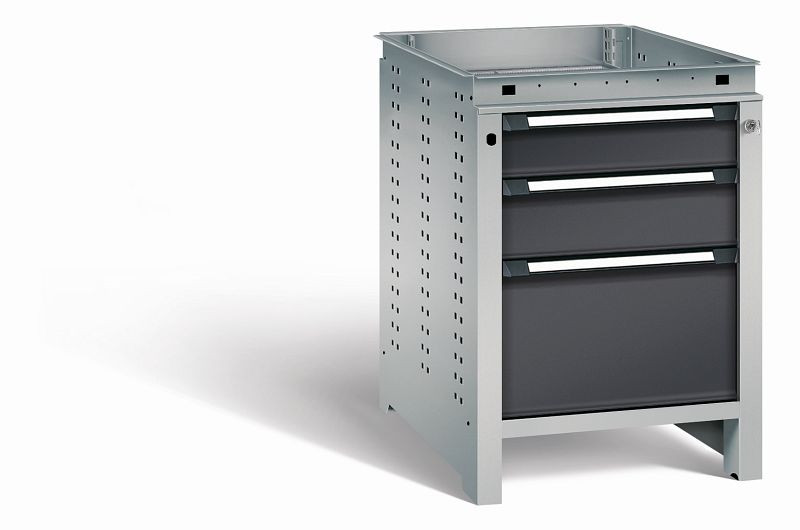 Otto Kind Werkbank Serie function Typ 106, ohne Platte, 3 Schubladen, mit Zentralverschluss, Gehäuse RAL 9006, Front RAL 9005, 07232333N