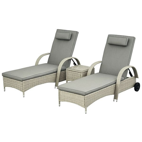 Outsunny Sonnenliege Gartenliege Tisch 3er-Set Gartenmöbel, Polyrattan+Metall Grau, 862-011V01