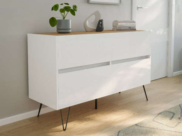 Posseik Sideboard Industrial E 120cm 4 Schubladen Weiß/Eiche Top, PN2082X0000059DE