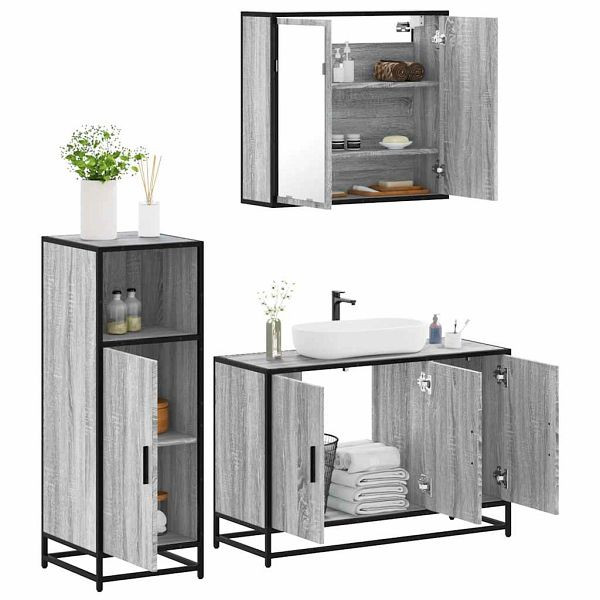 vidaXL 3-tlg. Badmöbel-Set Grau Sonoma Holzwerkstoff, 3300953
