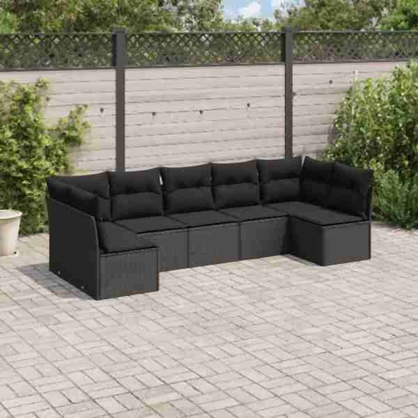 vidaXL 7-tlg. Garten-Sofagarnitur mit Kissen Schwarz Poly Rattan, UV-beständig, 3249264