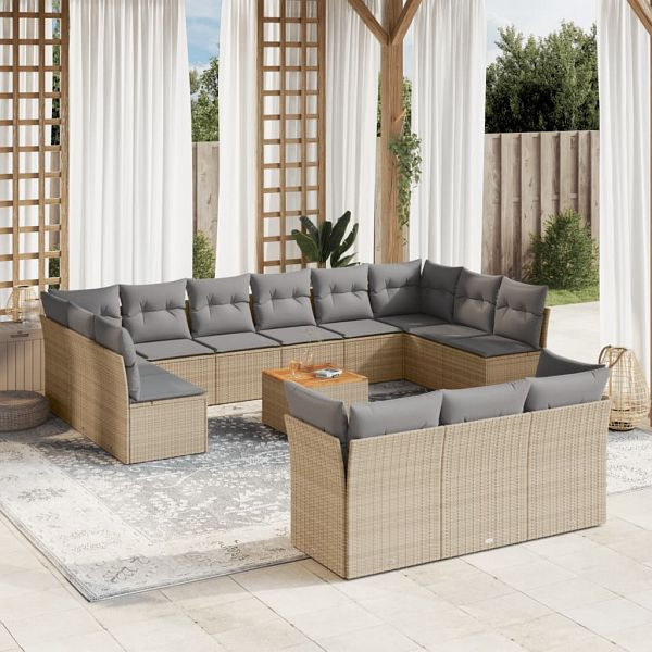 vidaXL 14-teilig Garten-Sofagarnitur mit Kissen Beige Poly Rattan, 3223924