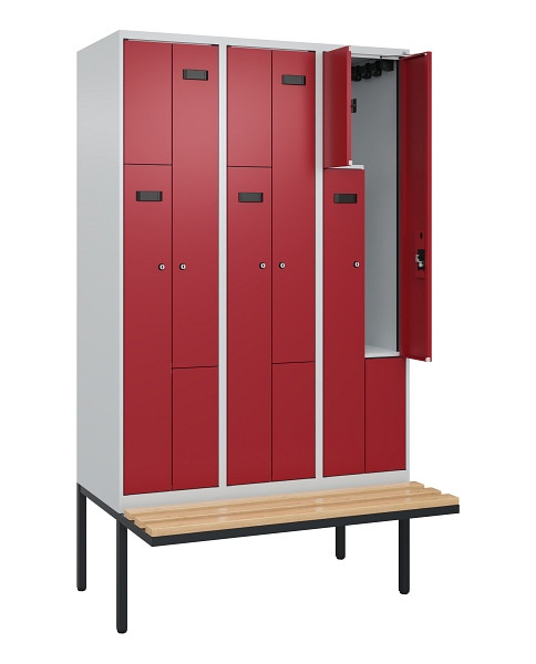 C+P Z-Spind Evolo PLUS, Bank, 6 Fächer, 2120x1200x815mm, 7035/3003, Zylinderschloss, Sitzfläche Holz, 0490437-326 S10032